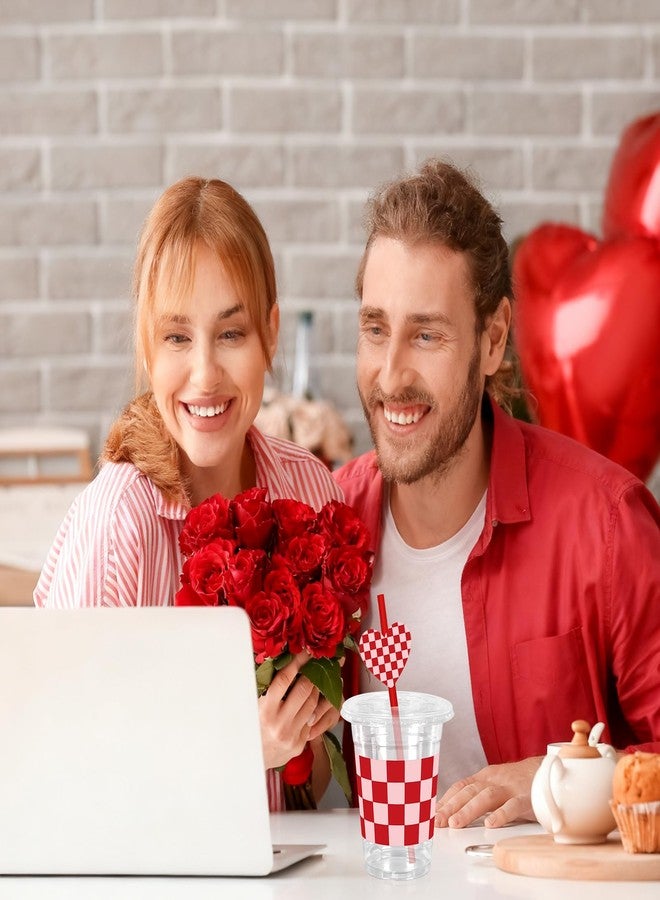 JarThenaAMCS 50Pcs Valentine's Day Plastic Cups with Lids Straws Drinking Cup 12oz Pink Red Checkered Heart Disposable Cups for Wedding Anniversary Valentine Party - Image 5